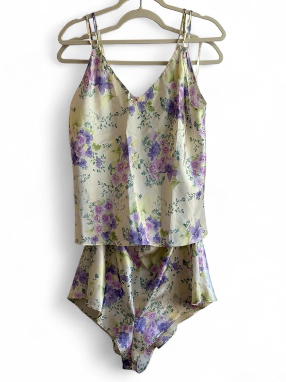 Vintage Inner Most Purple & Green Floral Satin Shorts & Tank Top PJ Set Size XL